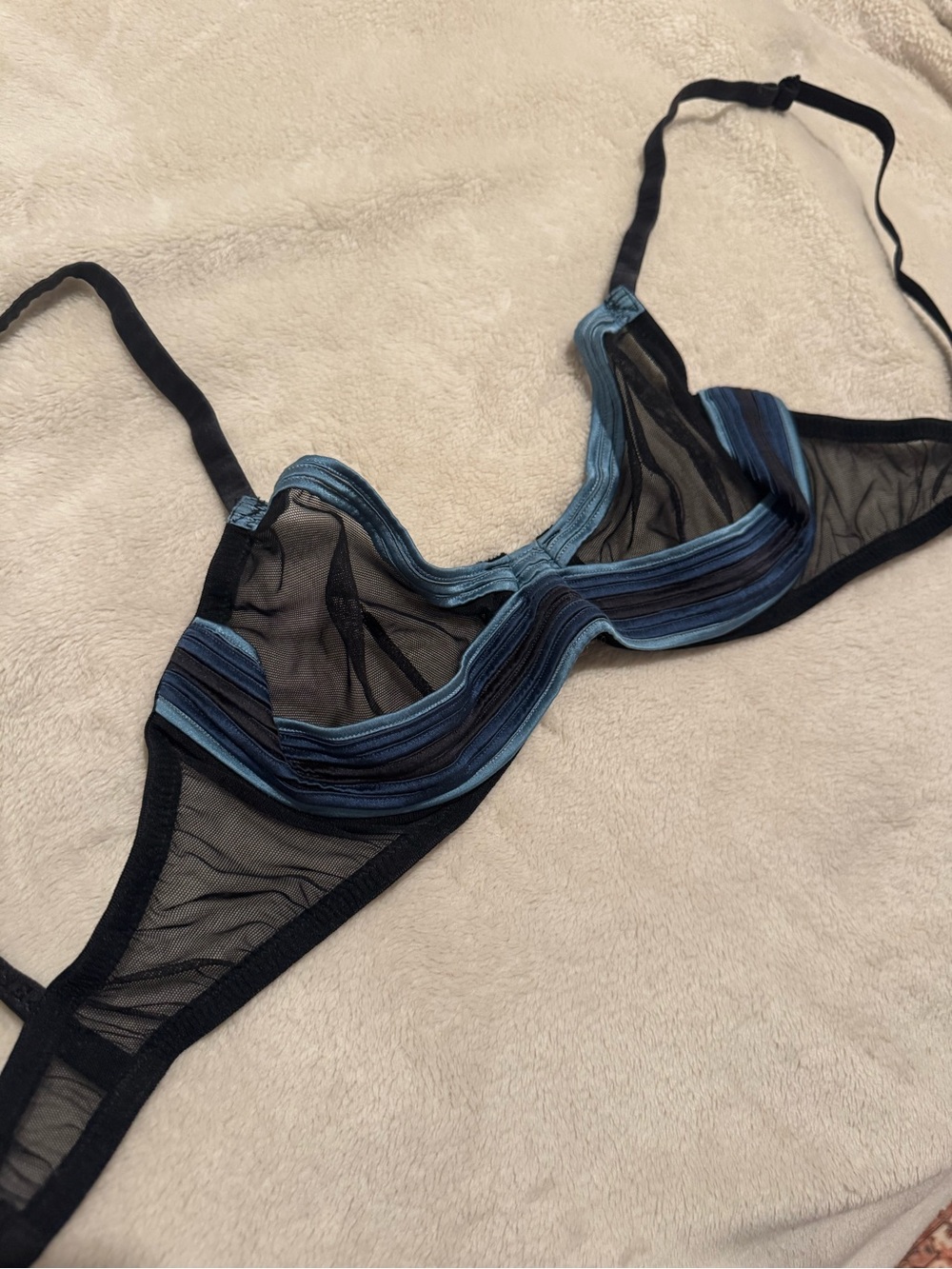 La Perla Black Sheer Underwire Bra with Blue Striped Trim